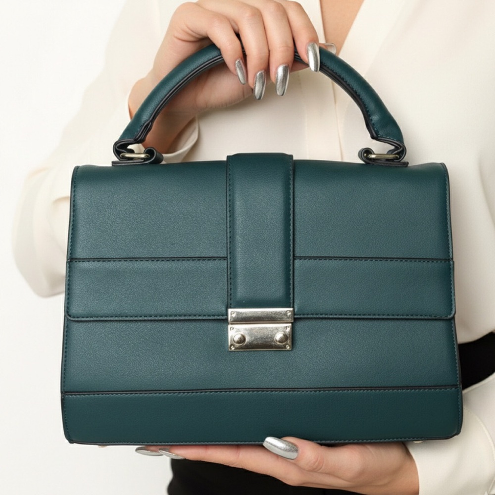 JustFab Elegant TEAL Green Medium Gold Hardware Tote Faux Leather Purse Handbag